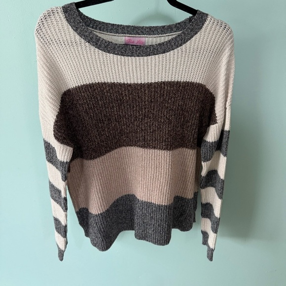Pink Lily Color Block Striped Knit Sweater - Cream, Brown, and Gray - Picture 1 of 9